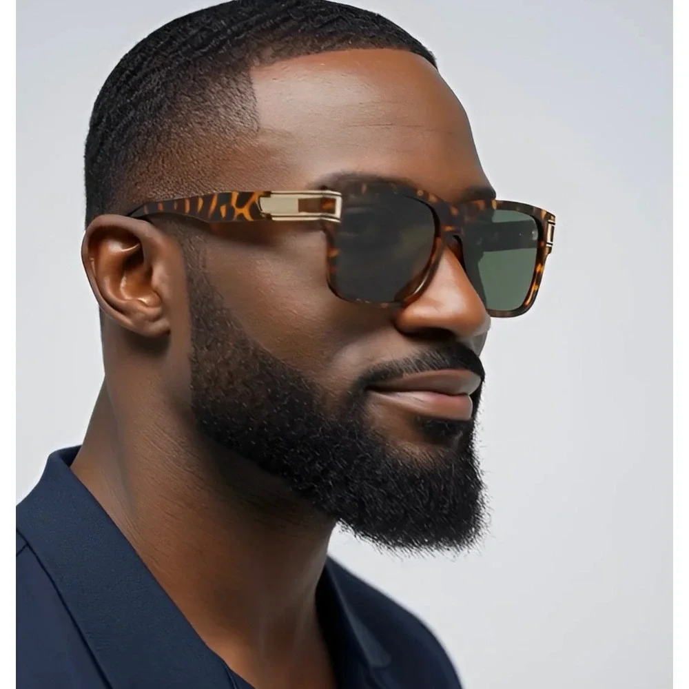 Mens Tortoise Square Sunglasses Gold Metal‎ Temple Dark Green Lens Retro Luxury